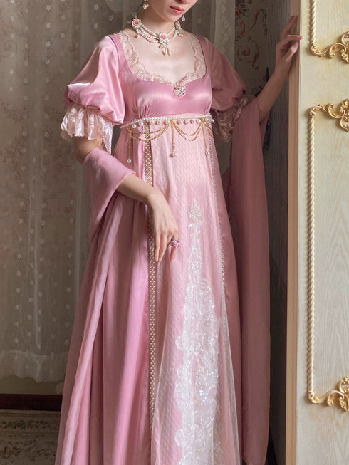 Pink Regency Era Dress with Lace Embroidery and Draped Sleeves – Bridgerton Inspired Lolita Dress Plus Size